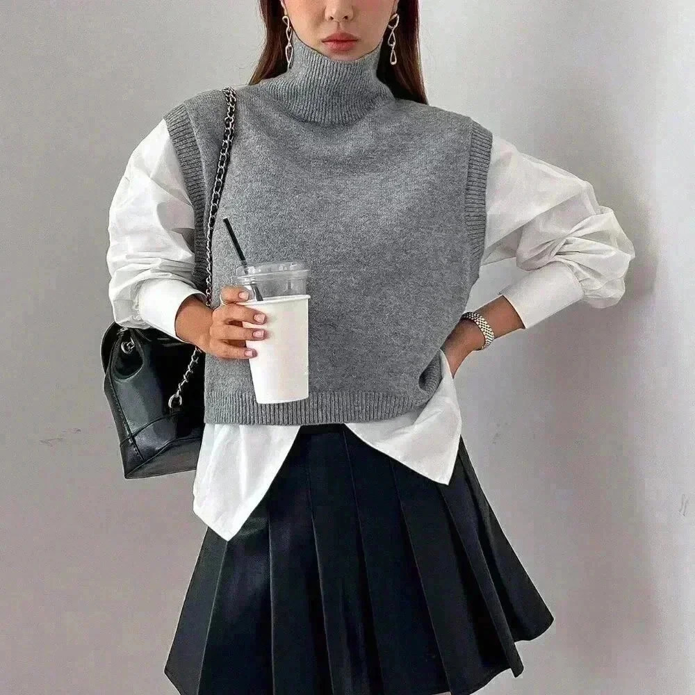 Grey Casual Womens Turtleneck Split Hem Sweater Vest